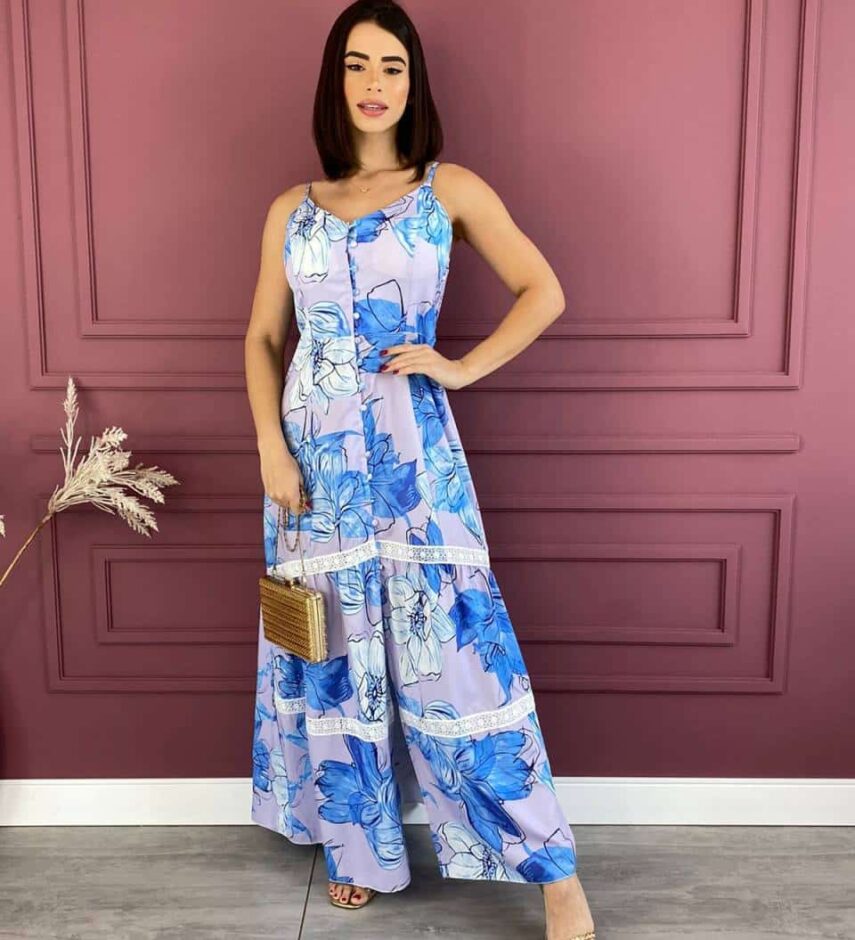 Vestido Feminino Longo Alça Regulável Estampa Flores Azul Fernanda Ramos Store