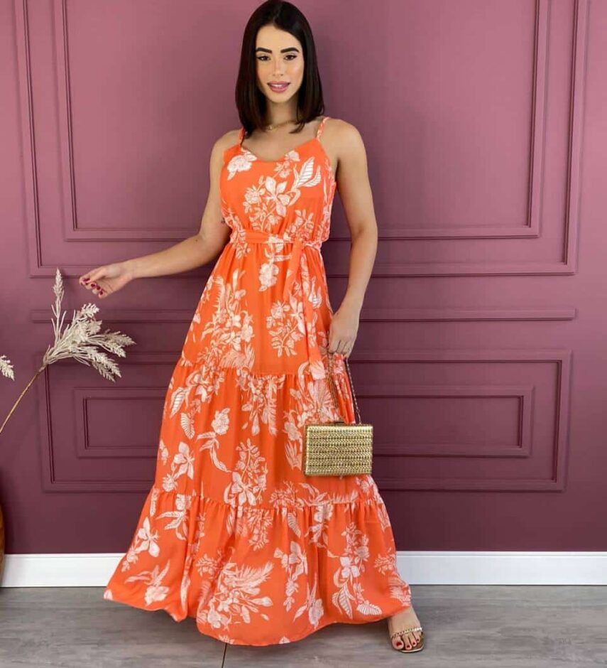 Vestido Feminino Longo Alça Regulável Estampa Laranja Fernanda Ramos Store