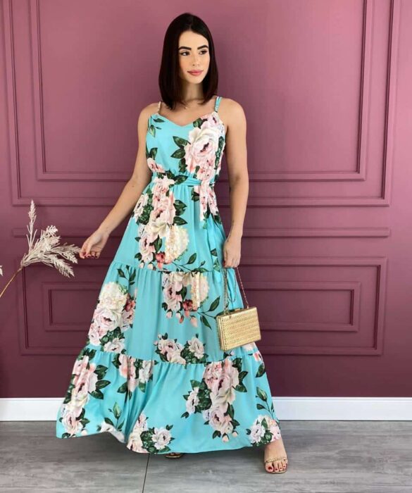 Vestido Feminino Longo com Bojo e Faixa Estampa Flores Fernanda Ramos Store