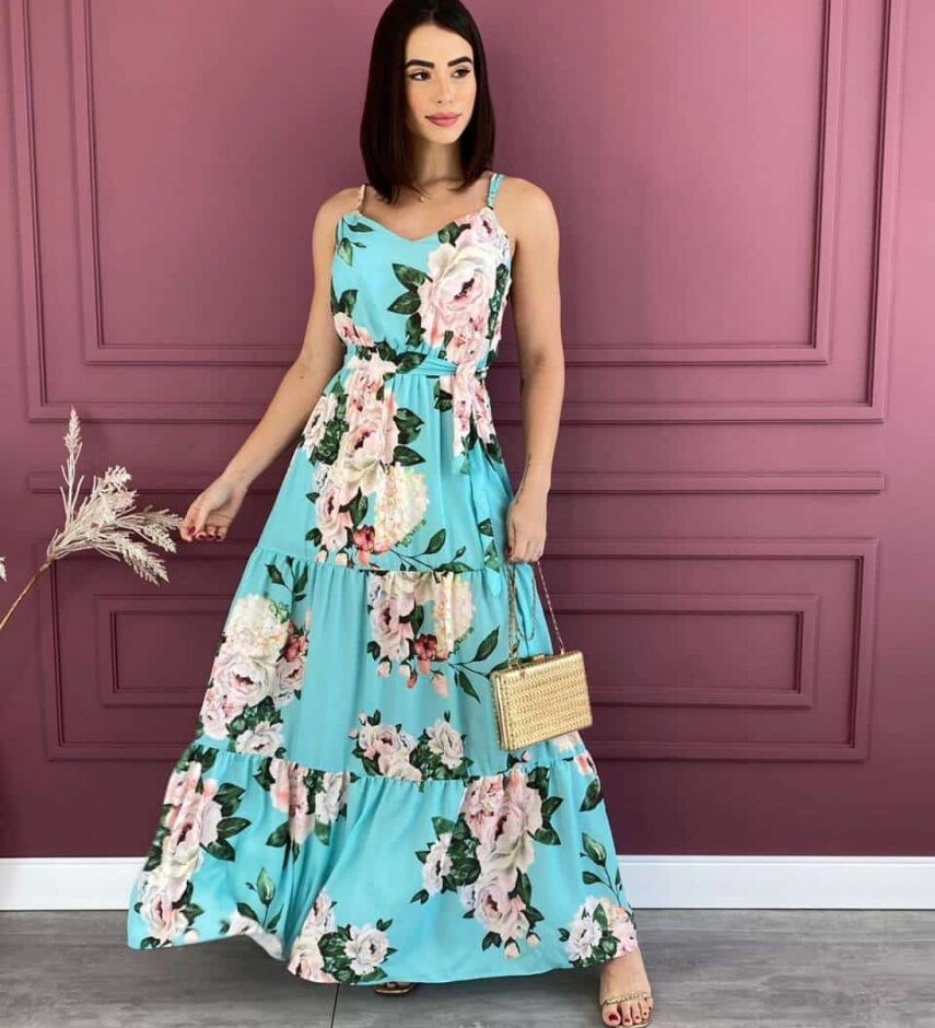 Vestido Feminino Longo com Bojo e Faixa Estampa Flores Fernanda Ramos Store
