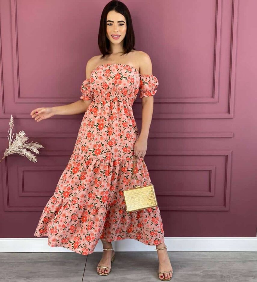 Vestido Feminino Midi Floral Ombro a Ombro Fernanda Ramos Store