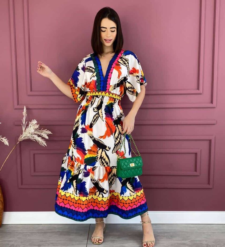 Vestido Feminino Midi sem Bojo Manga Curta e Lastex Estampado Fernanda Ramos Store