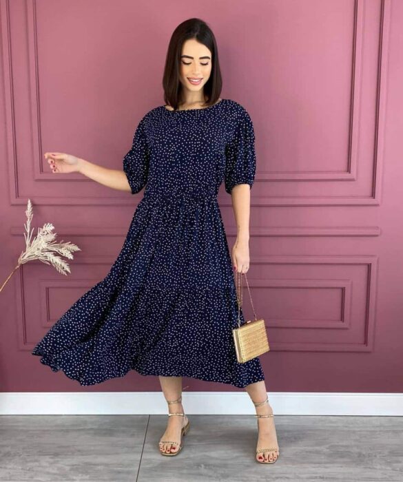 Vestido Feminino Midi sem Bojo Poá Azul Marinho Fernanda Ramos Store