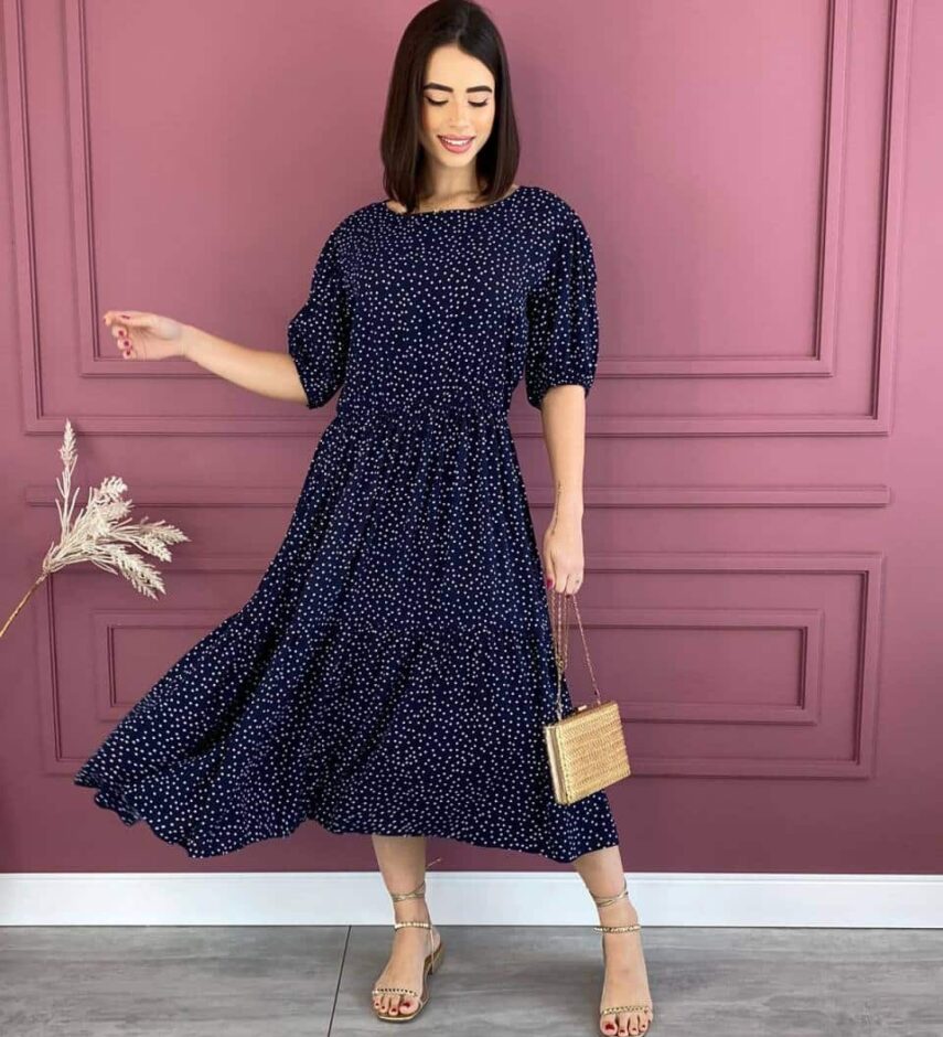Vestido Feminino Midi sem Bojo Poá Azul Marinho Fernanda Ramos Store