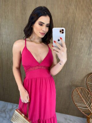 Vestido Longo com Bojo Detalhe em Guippir e Lastex Pink - Fernanda Ramos Store