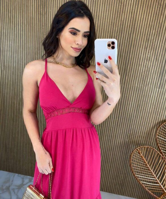 Vestido Longo com Bojo Detalhe em Guippir e Lastex Pink - Fernanda Ramos Store