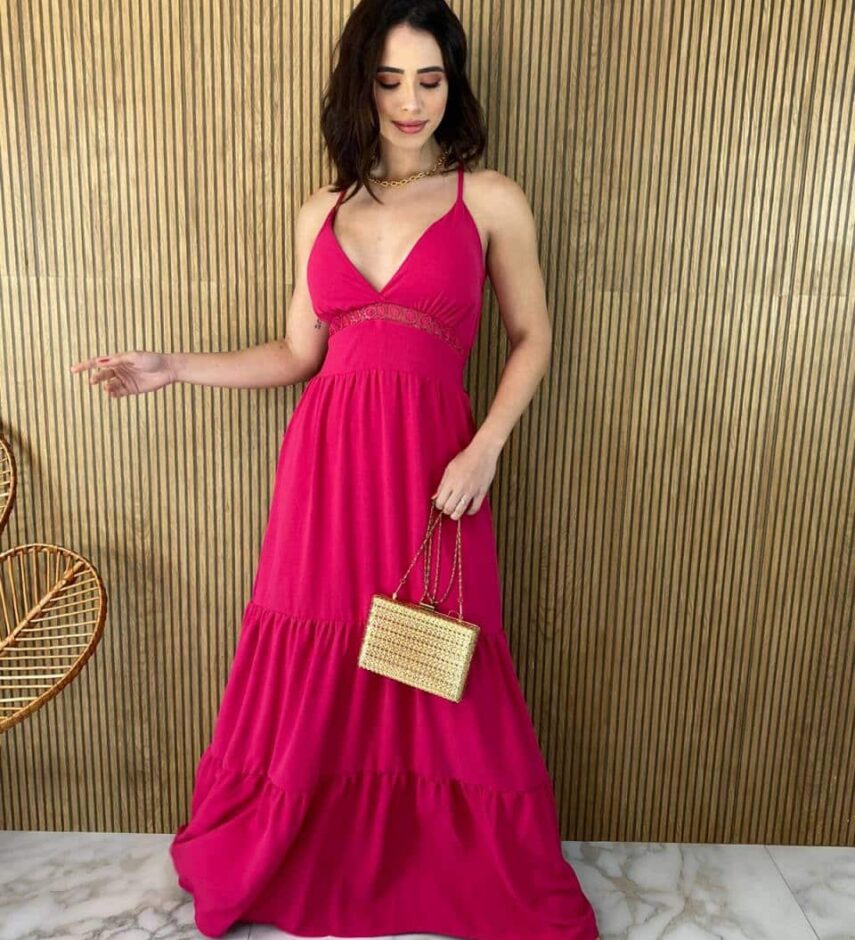 Vestido Longo com Bojo Detalhe em Guippir e Lastex Pink - Fernanda Ramos Store