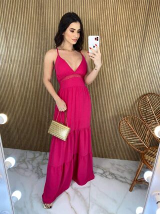 Vestido Longo com Bojo Detalhe em Guippir e Lastex Pink - Fernanda Ramos Store