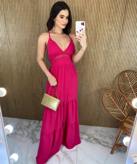 Vestido Longo com Bojo Detalhe em Guippir e Lastex Pink - Fernanda Ramos Store