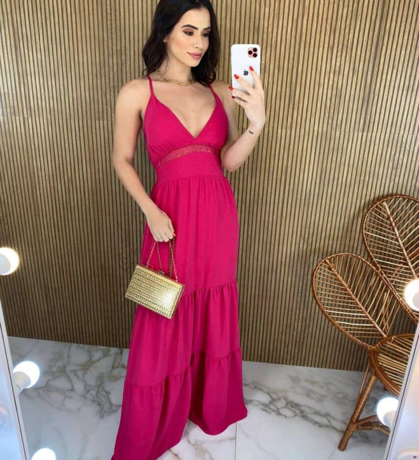 Vestido Longo com Bojo Detalhe em Guippir e Lastex Pink - Fernanda Ramos Store