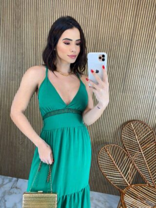 Vestido Longo com Bojo Detalhe em Guippir e Lastex Verde - Fernanda Ramos Store