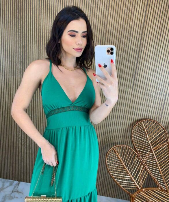 Vestido Longo com Bojo Detalhe em Guippir e Lastex Verde - Fernanda Ramos Store