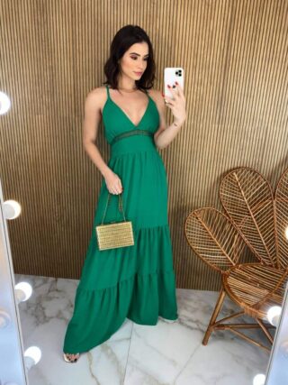 Vestido Longo com Bojo Detalhe em Guippir e Lastex Verde - Fernanda Ramos Store