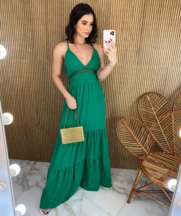 Vestido Longo com Bojo Detalhe em Guippir e Lastex Verde - Fernanda Ramos Store