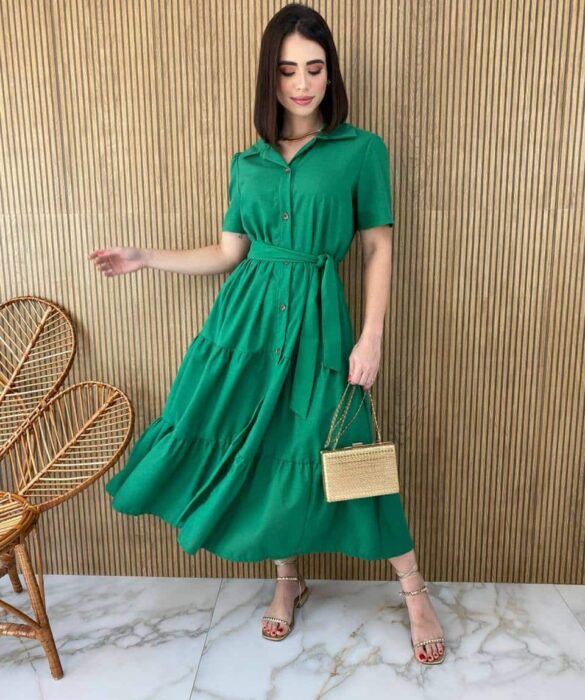 Vestido Midi sem Bojo com Amarração e Botões Verde Fernanda Ramos Store