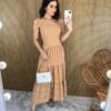 Vestido Midi sem Bojo Detalhe Bordado e Lastex Nude fernanda ramos store