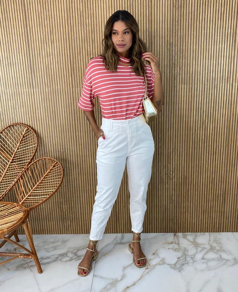 Blusa Feminina Manga Curta Nanda Listrada Rose - Fernanda Ramos Store