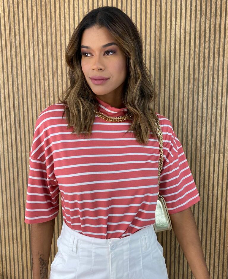 Blusa Feminina Manga Curta Nanda Listrada Rose - Fernanda Ramos Store