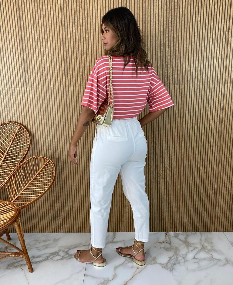 Blusa Feminina Manga Curta Nanda Listrada Rose - Fernanda Ramos Store