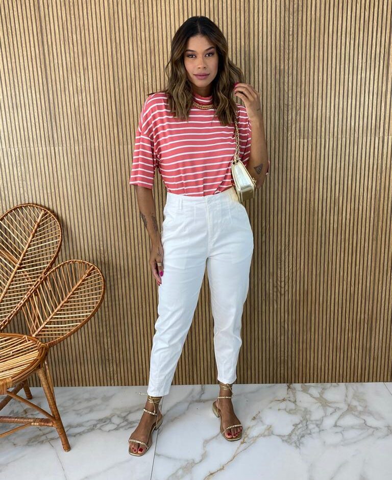 Blusa Feminina Manga Curta Nanda Listrada Rose - Fernanda Ramos Store