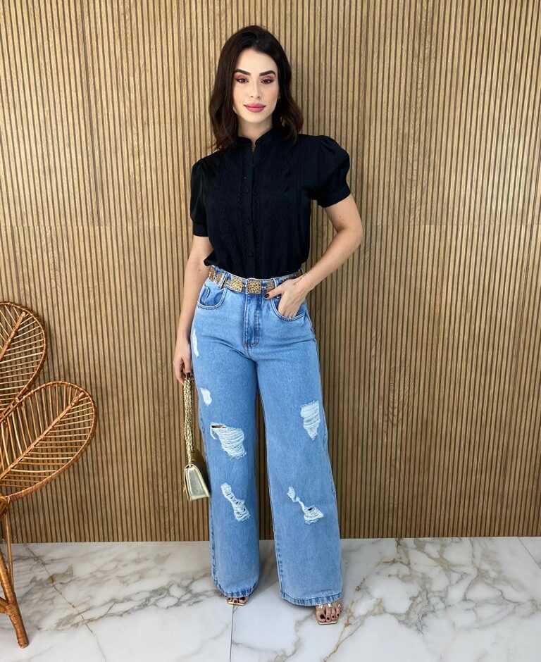 Blusa Feminina Manga Princesa com Botões e Laise Preta - Fernanda Ramos Store