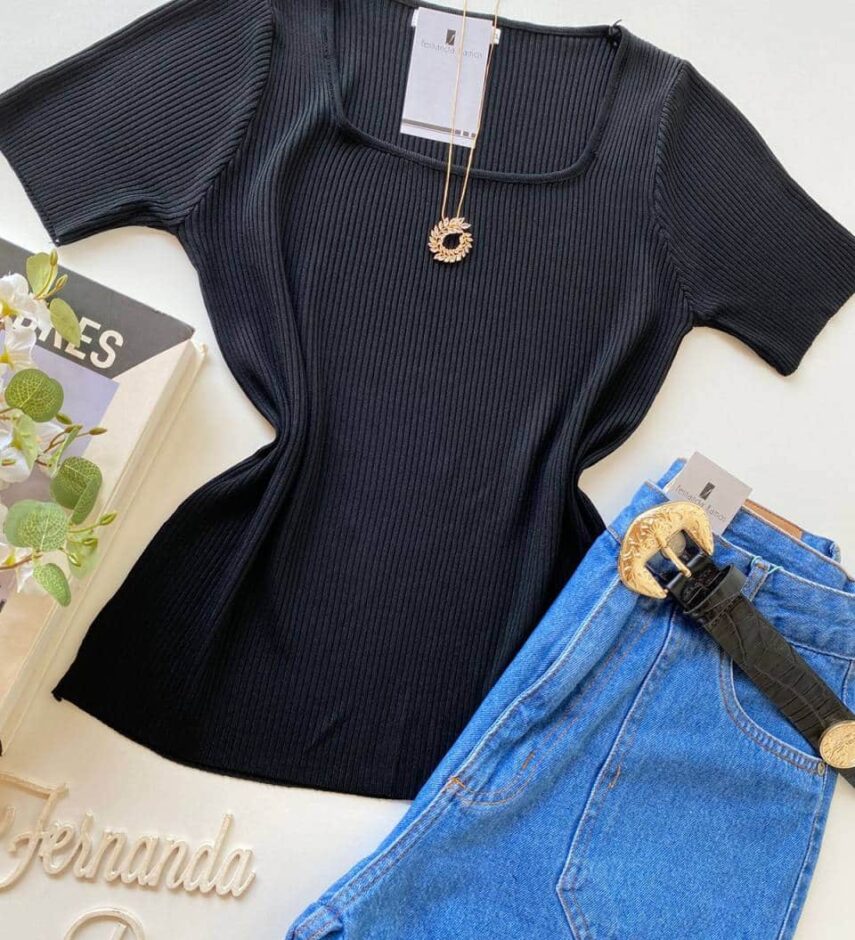 Blusa Feminina Modal Manga Curta Nanda Preta - Fernanda Ramos Store