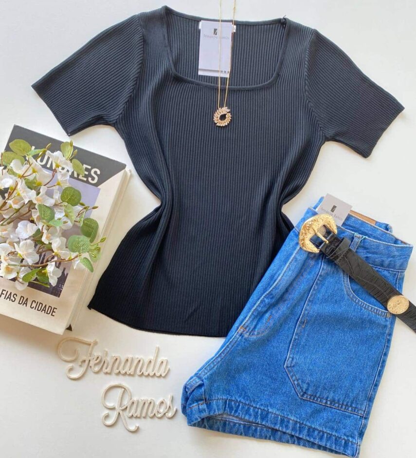Blusa Feminina Modal Manga Curta Nanda Preta - Fernanda Ramos Store