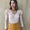 Blusa Manga Longa Bufante Jéssica Bege - Fernanda Ramos Store