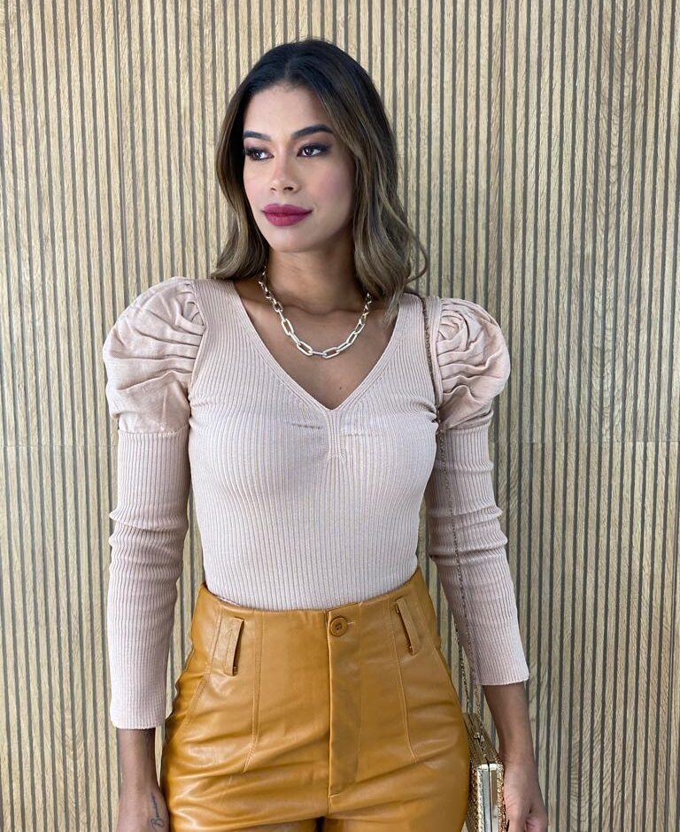 Blusa Manga Longa Bufante Jéssica Bege - Fernanda Ramos Store
