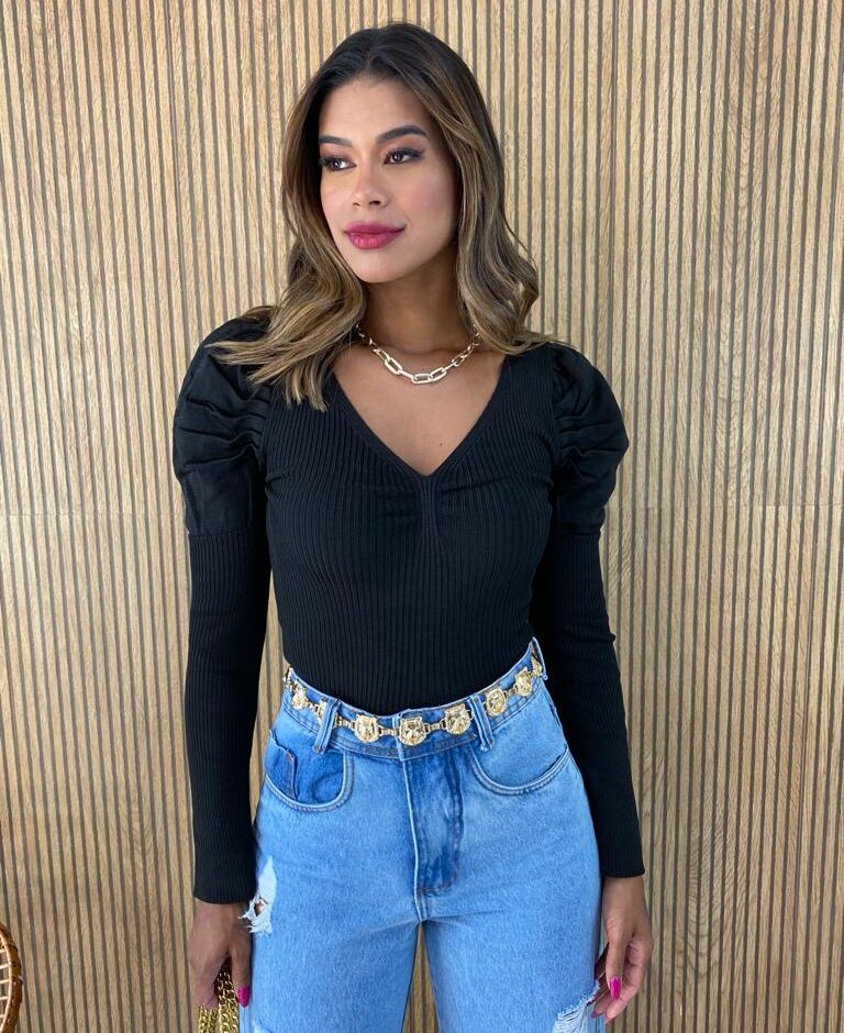 Blusa Manga Longa Bufante Jéssica Preta Fernanda Ramos Store