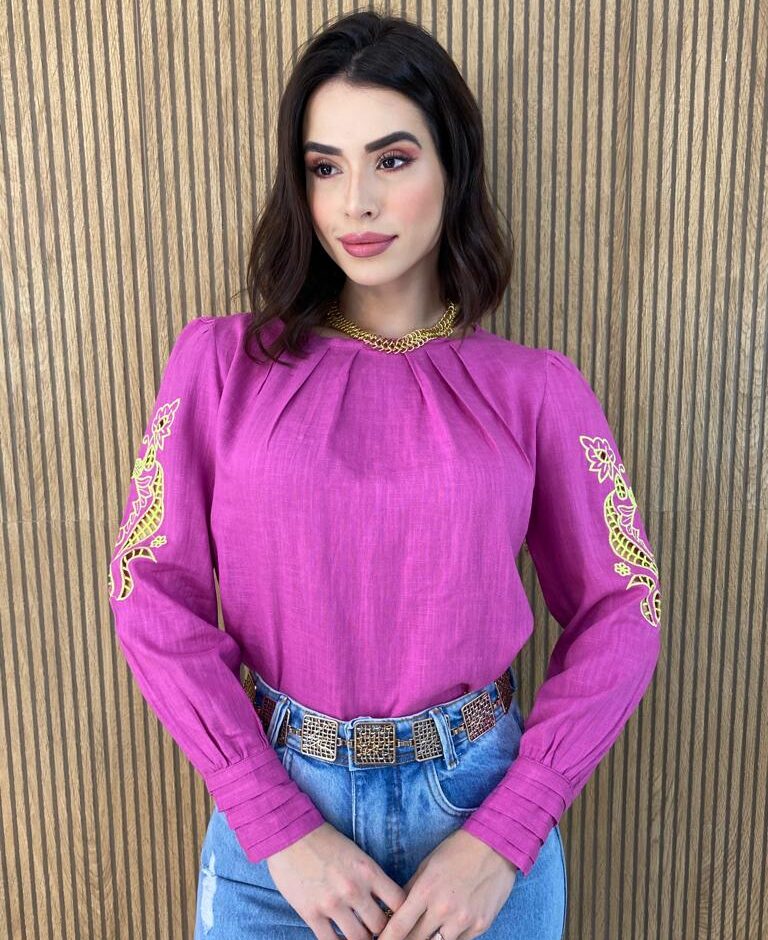 Blusa Manga Longa Feminina com Detalhe Vazado nas Mangas Fúcsia - Fernanda Ramos Store