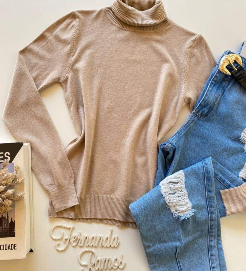 Blusa Manga Longa Feminina Modal Gola Alta 091 Bege - Fernanda Ramos Store