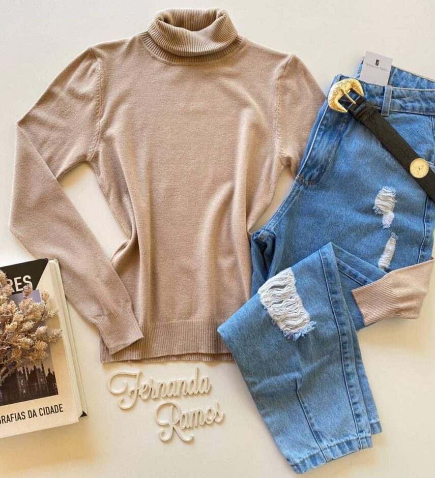 Blusa Manga Longa Feminina Modal Gola Alta 091 Bege - Fernanda Ramos Store