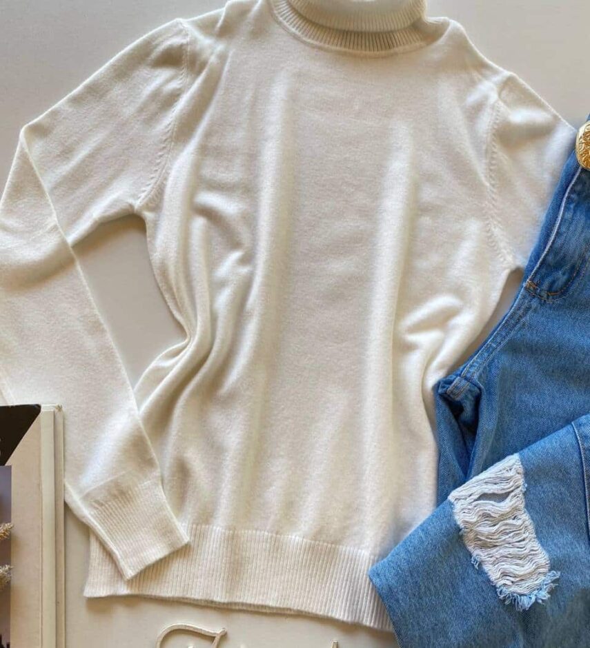 Blusa Manga Longa Feminina Modal Gola Alta 091 Branca - Fernanda Ramos Store