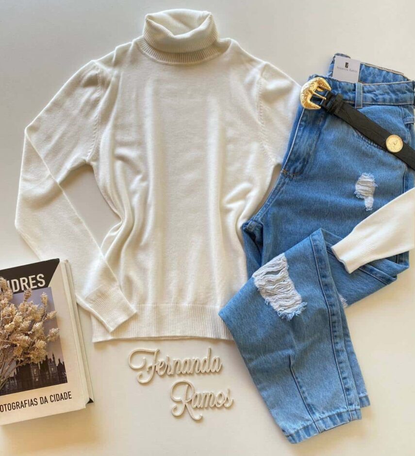 Blusa Manga Longa Feminina Modal Gola Alta 091 Branca - Fernanda Ramos Store