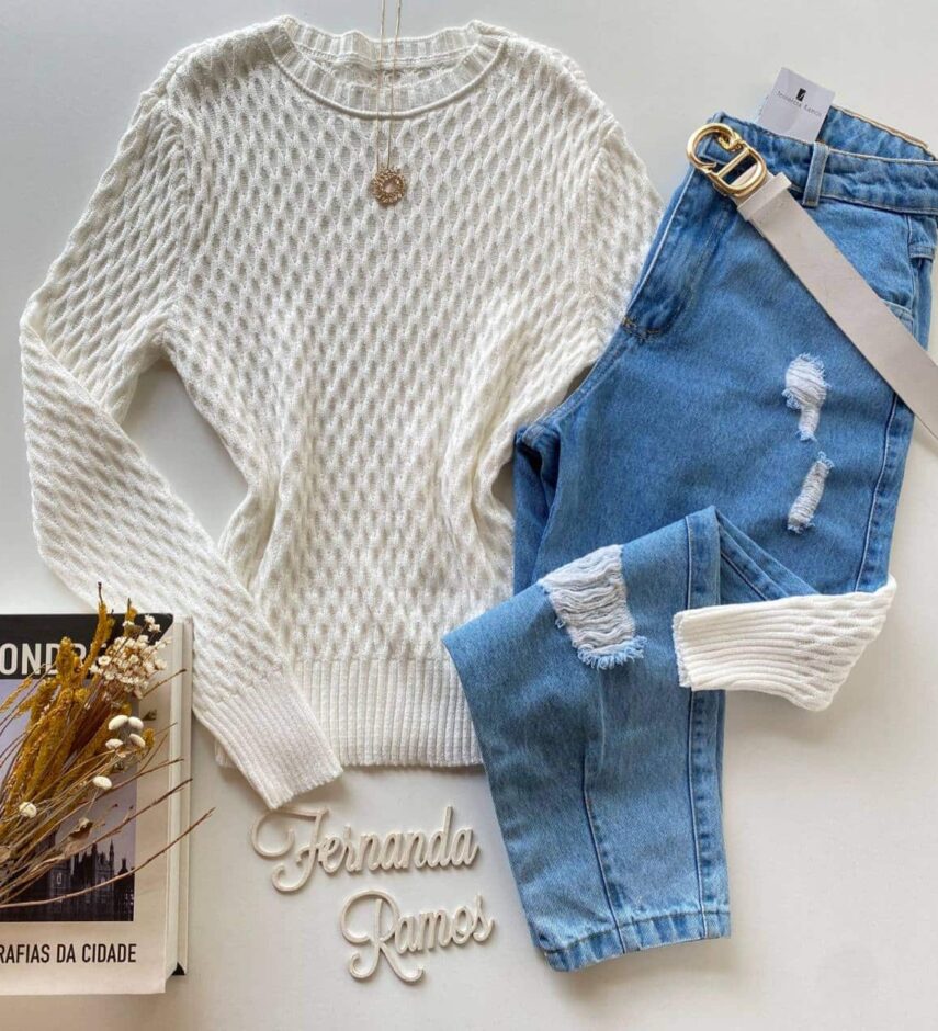 Blusa Manga Longa Feminina Tricot Alice Branca Fernanda Ramos Store