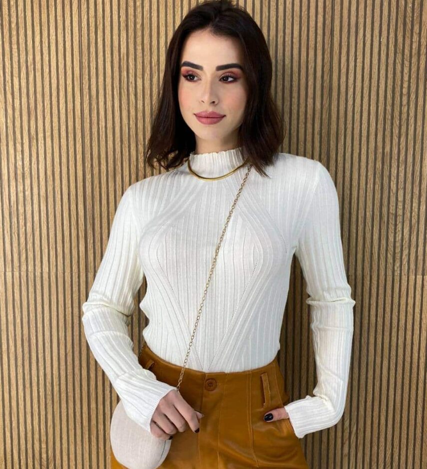 Blusa Manga Longa Feminina Tricot Ana Off White 2069 - Fernanda Ramos Store