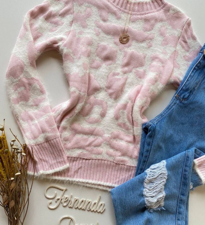 Blusa Manga Longa Feminina Tricot Bela Estampa Rosa - Fernanda Ramos Store