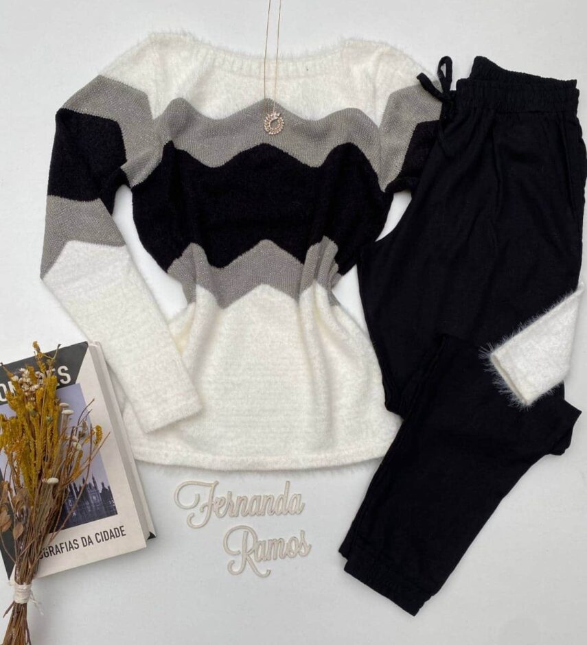 Blusa Manga Longa Feminina Tricot Bia Detalhe Preto - Fernanda Ramos Store
