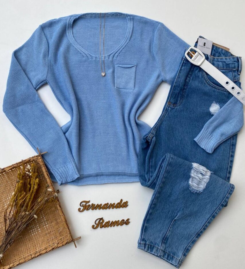 Blusa Manga Longa Feminina Tricot Bolsinho Azul Fernanda Ramos Store