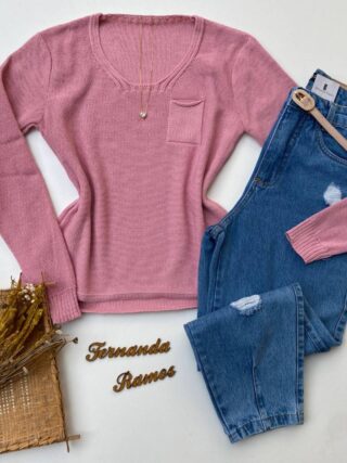 Blusa Manga Longa Feminina Tricot Bolsinho Rosa Fernanda Ramos Store