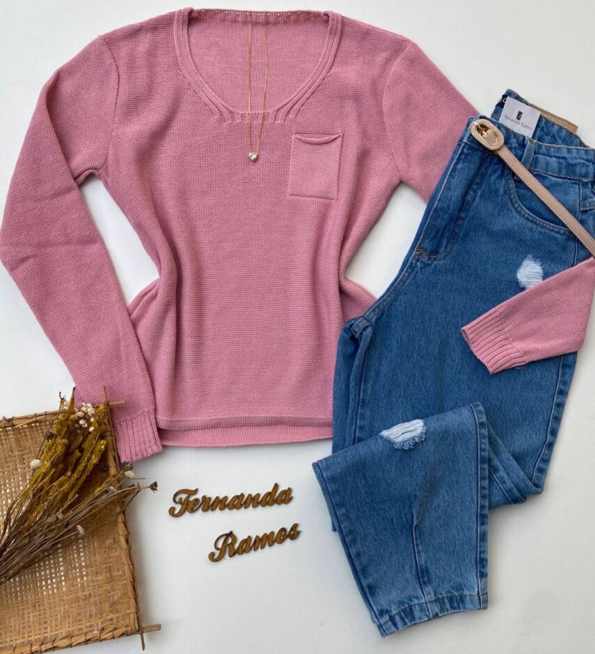 Blusa Manga Longa Feminina Tricot Bolsinho Rosa Fernanda Ramos Store