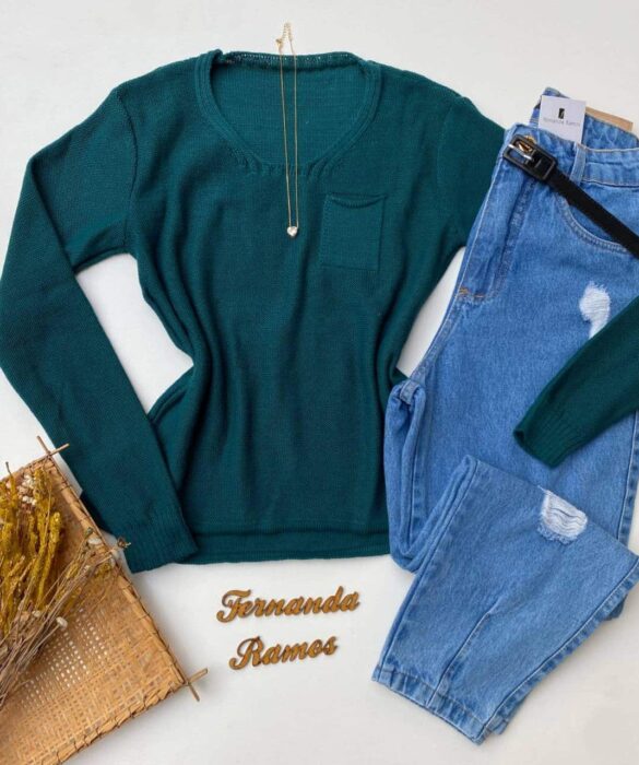 Blusa Manga Longa Feminina Tricot Bolsinho Verde Fernanda Ramos Store