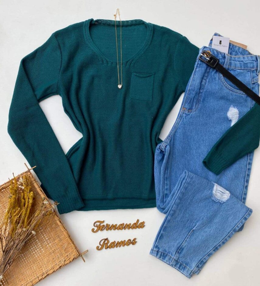 Blusa Manga Longa Feminina Tricot Bolsinho Verde Fernanda Ramos Store
