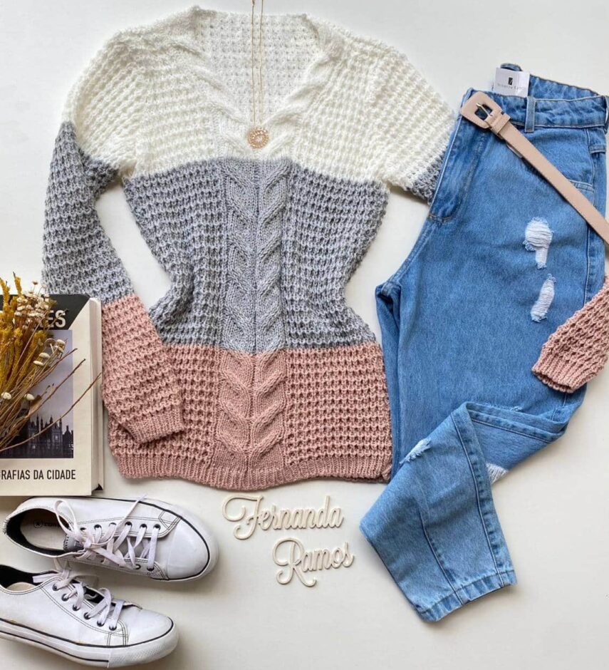 Blusa Manga Longa Feminina Tricot Branca Cinza e Rose Fernanda Ramos Store