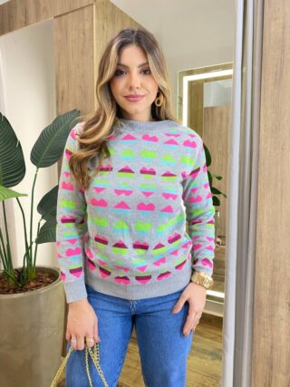 Blusa Manga Longa Feminina Tricot Corações Cinza - Fernanda Ramos Store