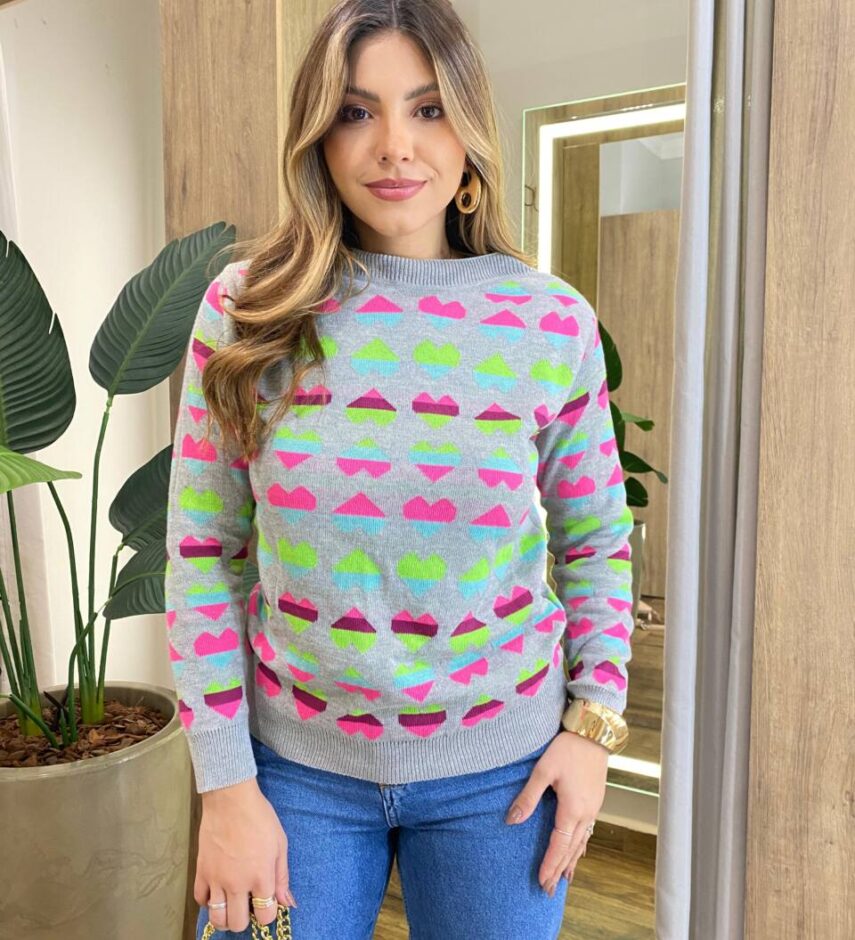 Blusa Manga Longa Feminina Tricot Corações Cinza - Fernanda Ramos Store
