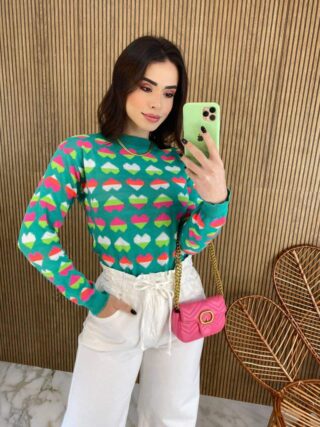 Blusa Manga Longa Feminina Tricot Corações Verde Fernanda Ramos Store