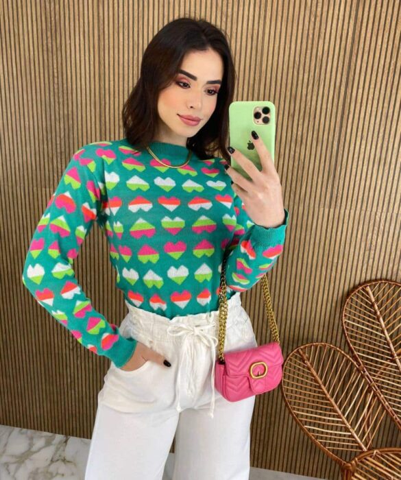 Blusa Manga Longa Feminina Tricot Corações Verde Fernanda Ramos Store