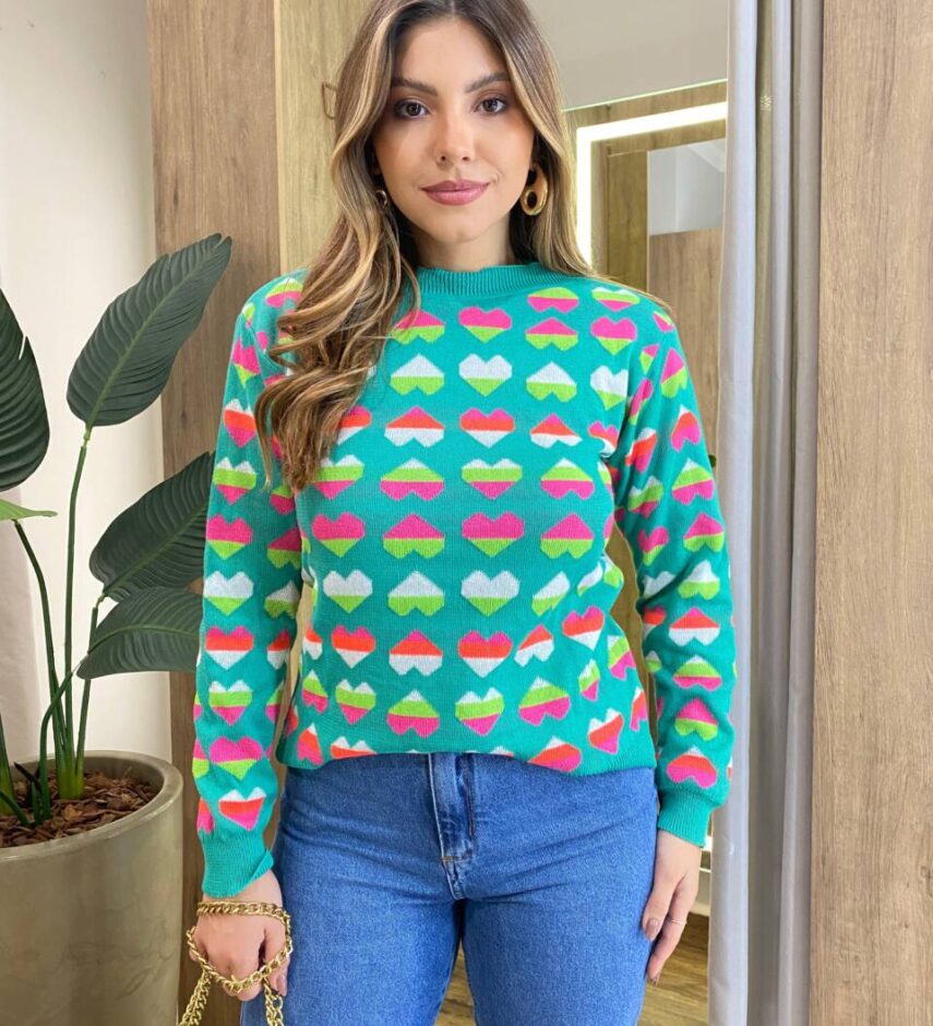 Blusa Manga Longa Feminina Tricot Corações Verde - Fernanda Ramos Store